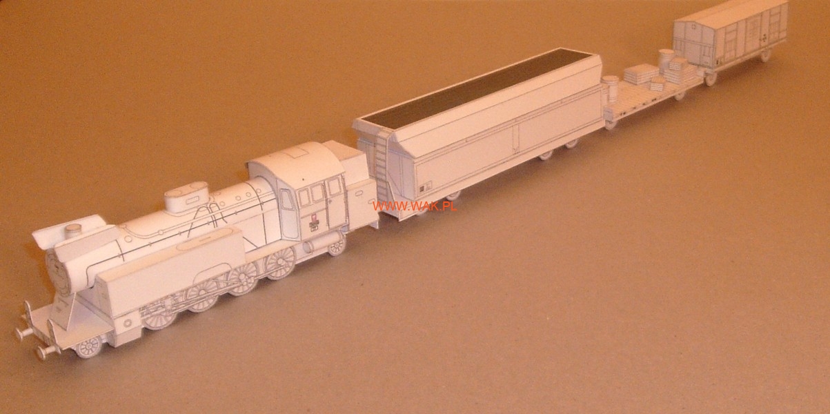 Papierový model - Parná lokomotíva Tkt48 a tri nákladné vozne