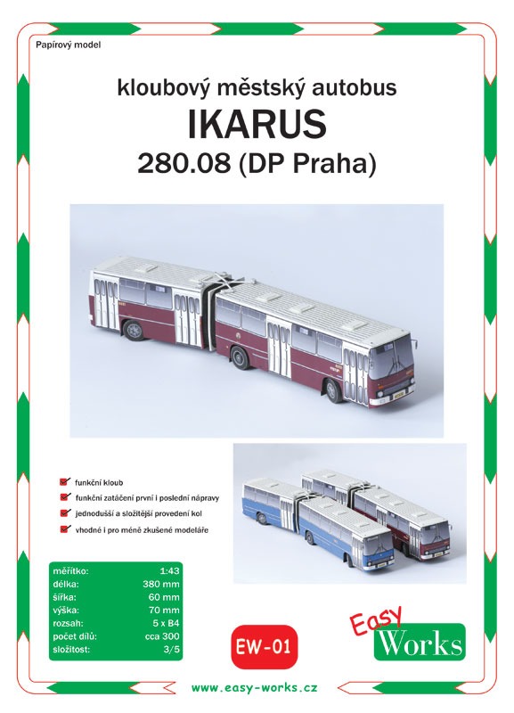 Papierový model - Mestský autobus kĺbový - Ikarus 280.08 (DP Praha)