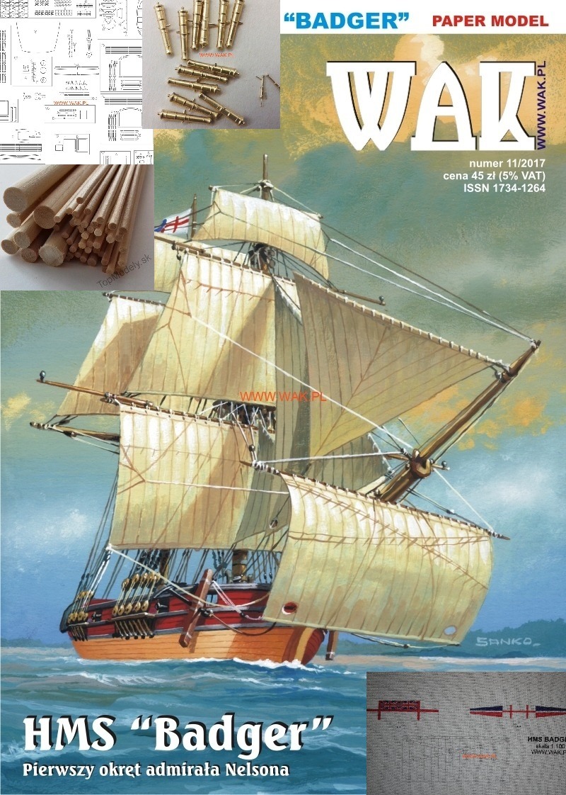 Papierový model - Plachetnica HMS Badger + Laser, sťažne, delá, plachty