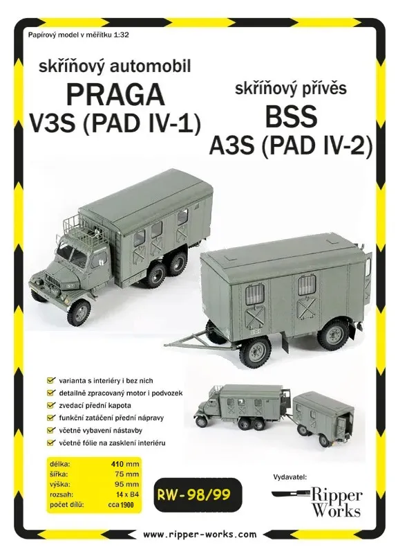 Papierový model Skriňová automobilová dielňa Praga V3S PAD IV-1 s prívesom BSS A3S (PAD IV-2)
