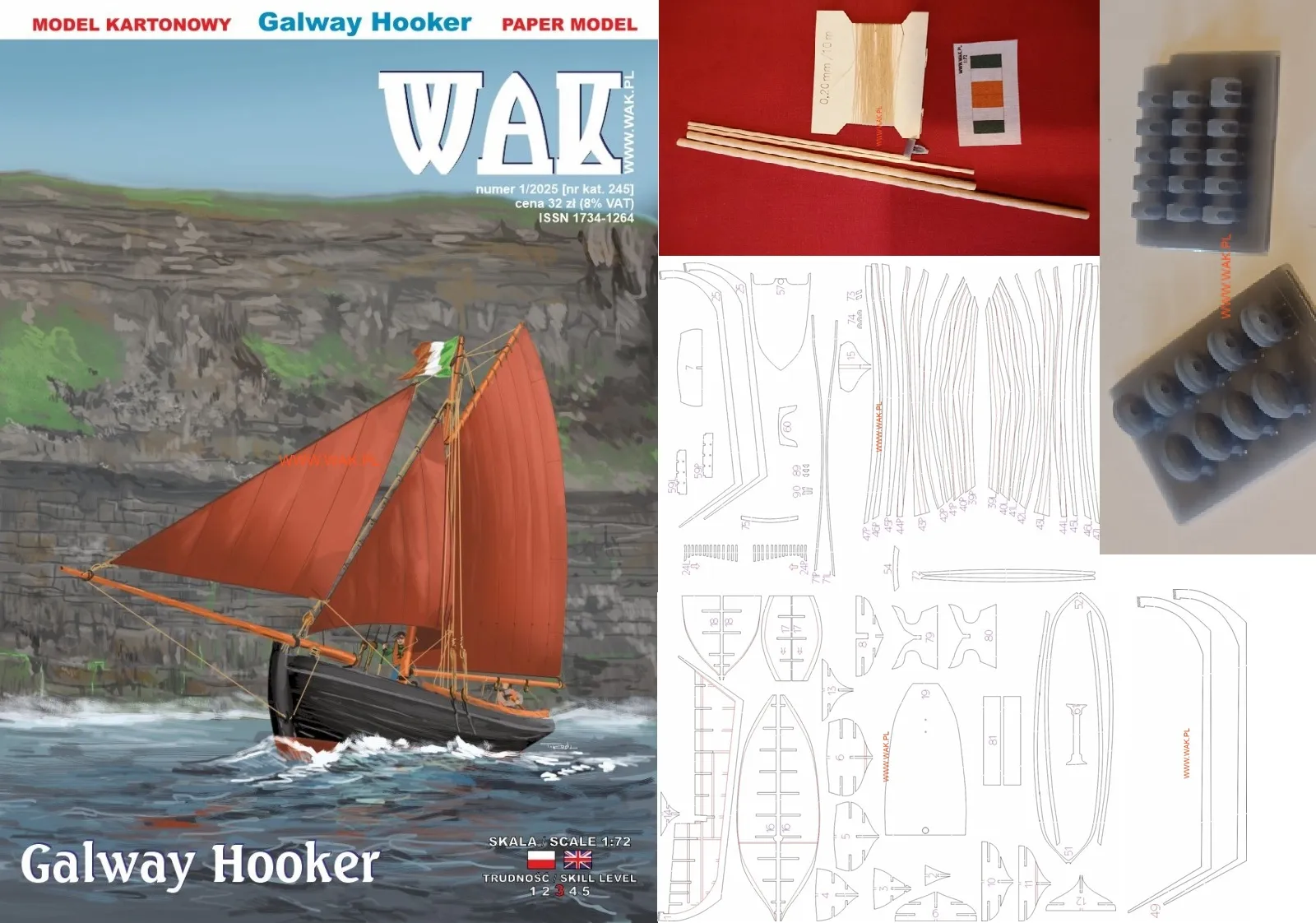 Papierový model - Galway Hooker + Plachty, laná, sťažne, laser a živicové doplnky
