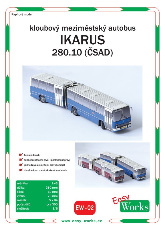 Papierový model - Medzimestský autobus kĺbový - Ikarus 280.10 (ČSAD)