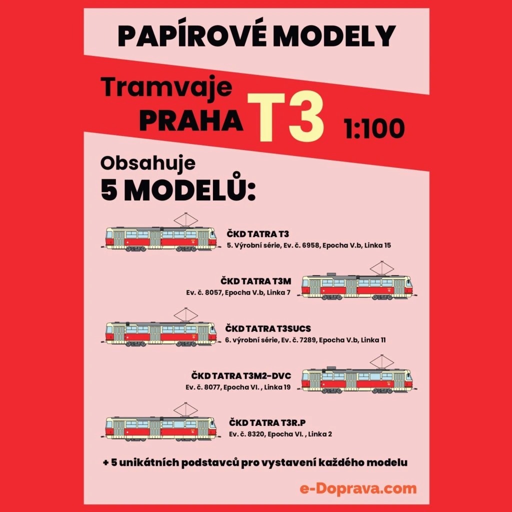 Papierový model - Set 5ks Električky Praha rady T3 1:100